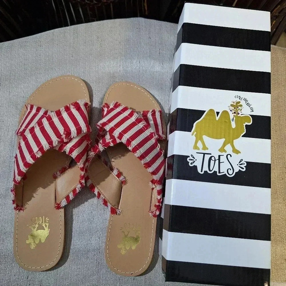 Camel Threads TOES Crossover Open Toe Flipflop Sandals Stripe White Red Fringe - Picture 8 of 9